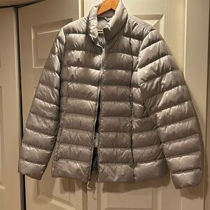 Eddie Bauer grey puffer jacket.